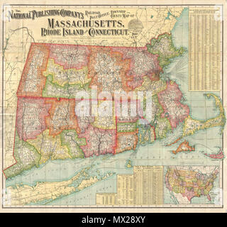 . Il National Publishing Company la ferrovia, Ufficio Postale, Township, e County Map of Massachusetts, Rhode Island e Connecticut. Con distanze in cifre compilate dall'ultima indagine del governo e le fonti originali. Inglese: un grande ed imponente della reliquia della grande epoca di treni Americani. Questa drammatica mappa, rilasciato dal National Publishing Company nel 1900, copre i membri del Massachusetts, Connecticut e Rhode Island con le parti adiacenti di Long Island, Maine, Vermont, New Hampshire e New York. La mappa è codificato a colori per mostrare county e township configurazioni, ma il suo vero un Foto Stock