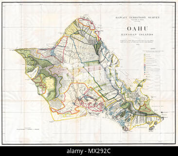 . Oahu, isole hawaiane. Inglese: Questo variano in grande, rare e straordinaria 1902 mappa dell'isola di Ohau, Hawaii, è stato preparato per la relazione 1906 del governatore del Territorio delle Hawaii per il Segretario degli Interni. Le aree di Honolulu, Pearl Harbor, Diamond Head, Koko Head e la Baia di Kailua sono descritti come pure la deliziosamente denominato Cocoa-Nut Grove sulla baia di Maunaloa, completare con piccoli alberi di noce di cocco. Sebbene la cartografia del lavoro che ha prodotto questa mappa è stata avviata nel 1878, durante la monarchia hawaiana, la mappa stessa, e la relazione che conteneva, è stata emessa in seguito gli Stati Uniti Foto Stock