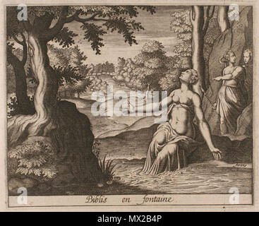 . Inglese: Nicolas, Renouard. Les metamorfosi d'Ovide Traduites en prosa Francoise, et de nouveau reveues soigneusement, avec XV. Discours 1651. Byblis cambiata in una fontana: dopo la ricerca di Caunus dappertutto, Byblis finalmente si stende, inondate di lacrime, e viene trasformato in una fontana (Ovidio, Metamorfosi IX 663). IllustrationNo: 76 [1] . 1651. [Metamorfosi. Francese] Ovidius Naso, Publio (firens) 462 Metamorfosi di Ovidio - Biblis en fontaine Foto Stock