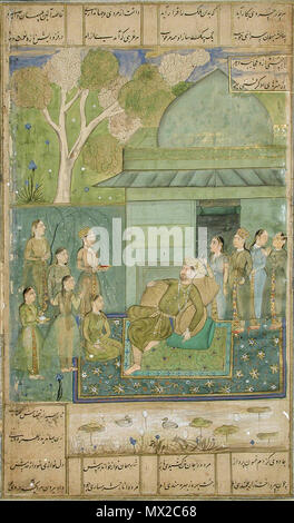 . Inglese: una pagina da un manoscritto della Hasht-Bihisht (otto paradisi), parte del quintetto di Amir Khusrow Dihlavi Bahram Gur sta visitando la principessa nel padiglione verde. Dimensioni: 20,6 cm x 12,2 cm Edwin Binney terza raccolta . testo: 1302; questo manoscritto: c.1690. Amir Khusrow Dihlavi 68 Bahram Gur nel padiglione verde c.1690 Foto Stock