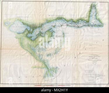 . Schizzo H. che mostra il progresso del sondaggio nella sezione n. 8 1846 - 1852. Inglese: un attraente colorate a mano 1853 U.S. Sondaggio sulla costa la triangolazione grafico o la mappa del delta del Mississippi. Mostra delta del Mississippi e la costa del Golfo del Messico dal lago Pontchartrain, Louisiana passato ad est di New Orleans, per quanto riguarda la Baia di Mobile, Alabama. Il colore a mano il lavoro su questa bella mappa è eccezionalmente ben fatto. Questa mappa è stata compilata sotto la direzione di A. D. Bache, Sovrintendente del sondaggio delle coste degli Stati Uniti e uno dei più influenti American cartografi del XIX secolo. . Foto Stock