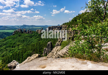 Svizzera sassone in Germania, come si vede dal Breite Kluft vantage point. L'elba montagne di arenaria sono una famosa zona escursionistica in Germania. Foto Stock