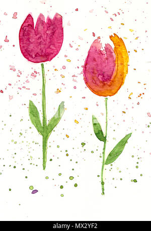 Disegnato a mano tulipani ad acquerello Foto Stock