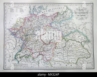 . Carte de L'Allemagne par Cercles en 1789. Inglese: questa è una bella 1837 colorate a mano mappa del nord della Germania comprende le regioni di Hannover, Sassonia, Ungheria, Transilvania, parti della Prussia, in Polonia e in Galizia. Datato 1789, ma dal 1837 impressum. Tutto il testo è in francese. . 1837 7 1837 Malte-Brun mappa della Germania - Geographicus - GermanyNorth-mb-1837 Foto Stock