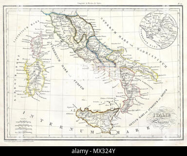 . Italie Ancienne . Inglese: questa è una bella 1837 mano litografia colorata mappa di Italia in epoca romana. Comprende un inserto piano delle vicinanze di Roma. Tutto il testo è in francese. Datata 1835. . 1837 (datato) 7 1837 Malte-Brun Mappa di Italia in epoca romana - Geographicus - ItalyAncient-mb-1837 Foto Stock