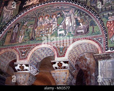 . Abramo divertente tre angeli; il sacrificio di Isacco; Basilica di San Vitale a Ravenna, Italia. Il 5 aprile 2006. Georges Jansoone 543 SanVitale20 regolato Foto Stock