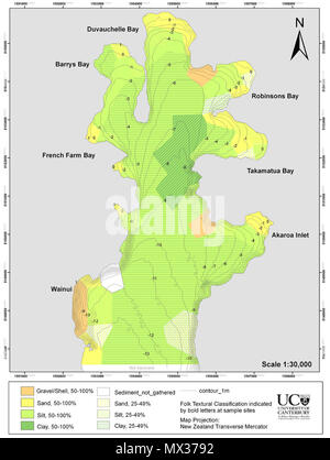 . Inglese: batimetria e sedimentazione mappa . 14 maggio 2012. Hart D. Todd D. Nazione T. McWilliams Z. 31 porto di Akaroa jpeg Foto Stock