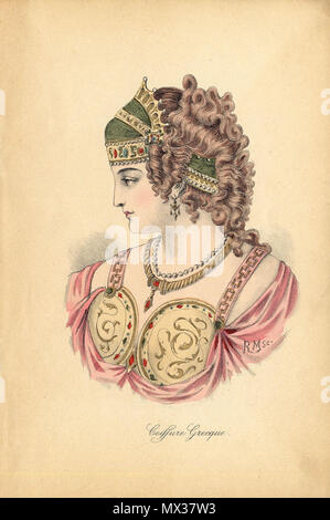 . Inglese: Coiffure Grecque. Storico di acconciatura, dal periodo greco. Questa stampa viene offerto incluso il testo corrispondente foglio, che spiega come la pettinatura è stato fatto e cosa (eventuale) ornamento le donne usura. I modelli sono spesso donne importanti del periodo. circa 1890. R. Maury-Nissy 33 Album de Coiffures Historques avec le descrizioni piastra 1 Foto Stock