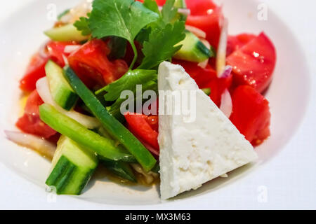 Ristoranti raffinati antipasti: piastra di una sana insalata greca come un primo corso, con il formaggio feta, polpa di pomodoro, cetriolo e un rametto di prezzemolo Foto Stock