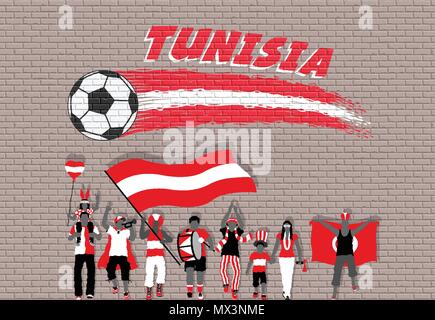 Tunisino tifosi di calcio tifo con bandiera della Tunisia colori nella parte anteriore del pallone da calcio graffiti. Tutti gli oggetti sono in diversi strati e i tipi di testo Illustrazione Vettoriale