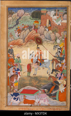 . Adham Khan rende omaggio a Akbar a Sarangpur, 1561 Dal Akbarnama . 1590-95 circa 5 1561-Adham Khan rende omaggio a Akbar a Sarangpur-Akbarnama Foto Stock