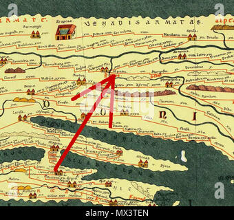 . Inglese: intaglio dalla Tabula Peutingeriana, 1-4secolo CE. Edizione Facsimile da Conradi Millieri, 1887/1888; la freccia rossa mostra Tabula Peutingeriana posti nella moderna Bulgaria; sulla mappa: Adpvtea o AdPutea o Adputea; nella moderna Bulgaria: villaggio Riben Deutsch: Ausschnitt aus der Tabula Peutingeriana; Orte und Stationen auf der Tabula Peutingeriana im heutigen Bulgarien; der rote Pfeil auf der Karte zeigt: Adpvtea oder AdPutea ODER Adputea; im heutigen Bulgarien: Dorf Riben Български: Изрез от Пойтингеровата карта; Места на Пойтингеровата карта намиращи се в днешна България; червенате стр Foto Stock