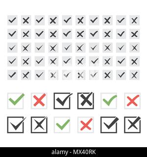 Set di venticinque diversi vettore nero tick o segni di spunta e rifiutare il set di icone nel riquadro grigio conferma positiva di accettazione superato il voto d'accordo Illustrazione Vettoriale