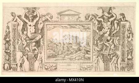 . Inglese: stampa da Antonio Fantuzzi, British Museum cartiglio con maschio e femmina satiri cestelli di trasporto e di accompagnamento di un paesaggio roccioso. 1543 L'attacco mediante: Antonio Fantuzzi dopo: Rosso Fiorentino biografia . 1540s. Antonio Fantuzzi (attivo 1540s) 49 Ant fantuzzi1 Foto Stock