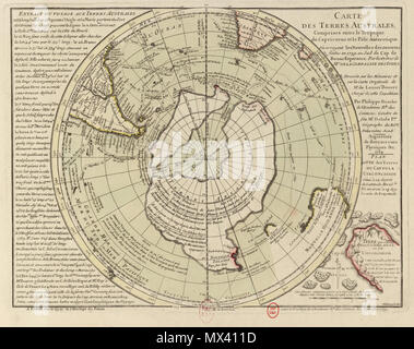 . Inglese: Mappa della spedizione di Jean-Baptiste Bouvet de Lozier, durante il quale egli ha scoperto l'isola Bouvet nel 1739. Questa mappa sembra essere una migliore seconda edizione (pubblicato nel 1754?) afer una prima tale mappa è stata pubblicata nel 1739 immediatey Bouvet dopo il suo ritorno alla Francia. Questa 1739 mappa è anche in Wikimedia Commons come: File:l'Antartide, Isola Bouvet, scoperta mappa 1739.jpg . Il titolo francese di questo nuovo map legge: 'Map delle terre meridionali tra il Tropico del Capricorno e il polo antartico, dove uno vede le nuove scoperte effettuate nel 1739 a sud del Capo di Buona Speranza da ordini di (Francese Foto Stock