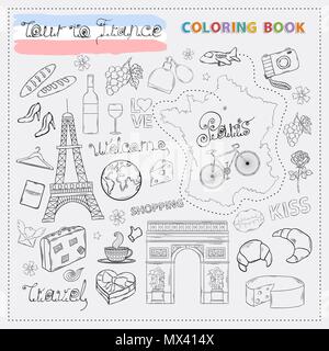 Francia tour icon set.mano disegnare doodle segno collection.Colorin prenota viaggi in Francia Illustrazione Vettoriale