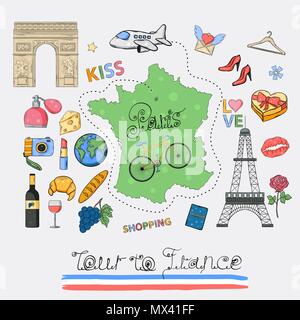 Tour in Francia icon set.mano disegnare doodle segno collection.vacanza a Parigi Illustrazione Vettoriale