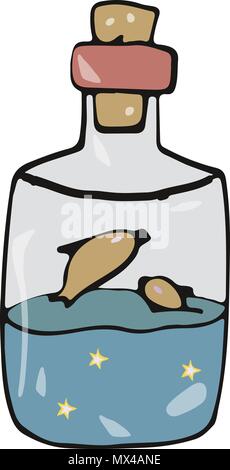 Bottiglia di clipart disegno oro magico pesce colore carattere vettore texture fantasy elemento di stile doodle su sfondo bianco Illustrazione Vettoriale
