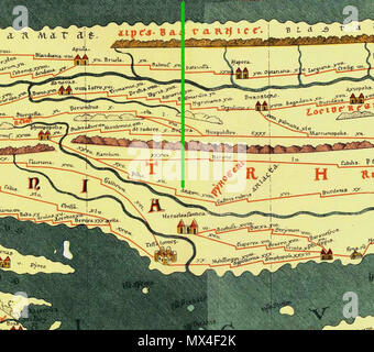 . Inglese: intaglio dalla Tabula Peutingeriana, 1-4secolo CE. Edizione Facsimile da Conradi Millieri, 1887/1888; la linea verde sulla mappa mostra Tabula Peutingeriana posti nella moderna Bulgaria; sulla mappa: Arzum; nella moderna Bulgaria: città Kalugerovo, distretto Pazardzhik Deutsch: Ausschnitt aus der Tabula Peutingeriana; Orte und Stationen auf der Tabula Peutingeriana im heutigen Bulgarien; die grüne Linie auf der Karte zeigt: Arzum; im heutigen Bulgarien: Stadt Kalugerowo (Pasardschik Oblast) Български: Изрез от Пойтингеровата карта; Места на Пойтингеровата карта намиращи се в днешна България; зе Foto Stock