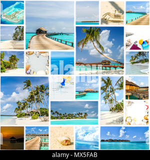 Collage fatto di Maldive foto su ceramica bianca di piastrelle a mosaico con 36 piazze Foto Stock