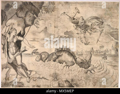 . Inglese: Perseo flying down per attaccare il drago, guardato da Andromeda incatenato ad una roccia a sinistra; nella distanza di una città attraverso il mare. 1550s? Incisione. Dopo la pittura di Tiziano (Wallace Collection) . 1550s?. Ferrando Bertelli 82 Bertelli Perseo Foto Stock