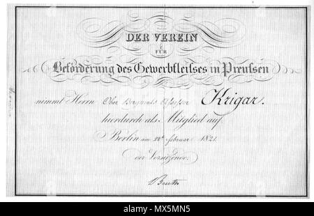 . Membership-card per Johann Friedrich Krigar, firmato "Beuth'. 1821. Rame-incisione di Schmidt 83 Beuth Mitgliedskarte Foto Stock