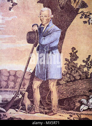 . "Col. Daniel Boone' incisione di James Otto Lewis, basato su una perduta 1820 dipinto di Chester Harding. In 1861, Harding distrutto il dipinto originale che era stata dipinta sulla tabella ordinaria cerata e di invecchiamento è stata scarsamente, tagliando la testa e ponendolo su una nuova tela. Lewis di incisione è rimasta solo la versione originale del ritratto a figura intera. Questa incisione raffigura in modo accurato Boone abbigliamento-successive raffigurazioni spesso erroneamente messo Boone in un coonskin cap. Pubblicato il 11 ottobre 1820. James Otto Lewis 93 Boone da Lewis Foto Stock