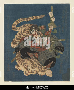 . Ichikawa Danjuro VII come Kokusenya combatte Tiger Surimono per Tsurunova poesia Club di Osaka . tra 1828 e 1834 100 Brooklyn Museum - Ichikawa Danjuro VII come Kokusenya combatte Tiger Surimono per Tsurunova poesia Club di Osaka - Utayoshi Foto Stock