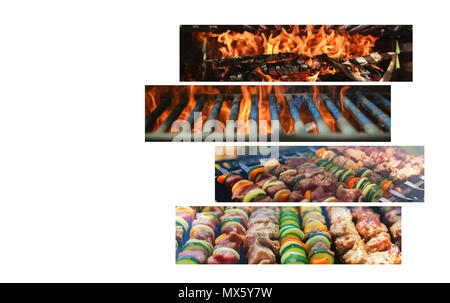 Costolette di maiale con spiedini sul barbecue spiedini alla griglia con verdure e carne in Collage di vari prodotti a base di carne Foto Stock