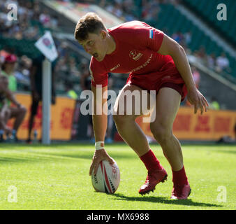 Twickenham, Regno Unito, 3 giugno 2018, HSBC London Sevens serie, gioco Trofeo 27 Quarti di finale. Russia vs Scozia Russo, Ignacio Martin, tocca terra, durante il Rugby 7's, corrispondono all'RFU Stadium, Twickenham, Inghilterra, © Peter SPURRIER/Alamy Live News Foto Stock