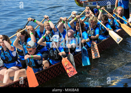 London Regatta Centre di Londra, Regno Unito. Il 3 giugno 2018. L annuale London Hong Kong Dragon Boat Festival avrà luogo a Londra il Regatta Centre in Docklands, in splendido sole. L'evento prevede le gare delle barche drago tutto il giorno, nonché gratuitamente un programma di eventi con spettacoli, musica, intrattenimento e bancarelle e opportunità di sperimentare la cultura cinese. Credito: Imageplotter News e sport/Alamy Live News Foto Stock