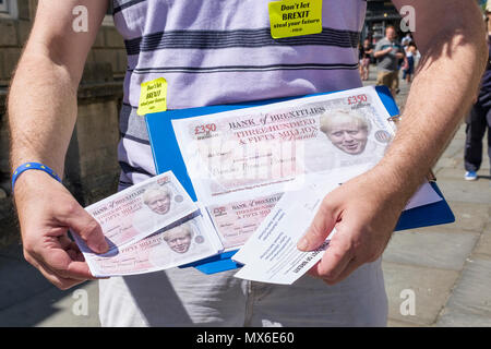 Bath, Regno Unito, 3 giugno, 2018. Un volontario dal bagno per il gruppo Europa è raffigurato con una manciata di Boris denaro, la falsa moneta note erano in riferimento ai £350m che Boris Johnson detto potrebbe essere impiegato per finanziare la NHS una volta che il Regno Unito lascia la UE. Vasca da bagno per l'Europa non sono un partito politico-gruppo di volontari che si batte per il Regno Unito per rimanere al centro dell'Unione europea, essi sono anche campagne di sensibilizzazione per un voto popolare sul finale Brexit trattativa. Credito: lynchpics/Alamy Live News Foto Stock