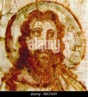 . Inglese: pittura murale da la catacomba di Commodilla. Busto di Cristo. Questo è uno dei primi barbuto le immagini del Cristo, durante il IV secolo Gesù stava cominciando ad essere rappresentato come i vecchi e barbuto, contrariamente alle precedenti l'arte cristiana, che di solito hanno mostrato un giovane e pulire ben rasata Gesù. Italiano: Cristo barbato (dettaglio), affresco 60x72, fine IV - inizio V secolo, Catacombe di Commodilla, Roma. Iv secolo D.C. Anonimo 140 Comodilla catacomba Iesus iv secolo Foto Stock