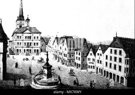 . Inglese: foto litografica di Bensheim's marketplace dal 1869, realizzato da F. Rau Deutsch: Der Bensheimer Marktplatz in einer lithographischen Darstellung von F. Rau von 1869 . Il 21 febbraio 2007. Armin Kübelbeck --Kuebi 20:10, 28 febbraio 2007 (UTC) 80 Bensheim Marktplatz 1869 Foto Stock