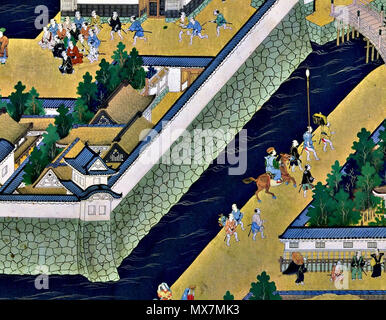 . 'Vista di Edo' (Edo zu) coppia di sei-pannello schermi di piegatura (XVII secolo). In alto al centro del primo pannello a sinistra dello schermo. Enciente centrale del castello di Edo, torre di castello, Bairinzaka, Hirakawaguchi Gate. Il XVII secolo. Sconosciuto 178 Edo l128 Foto Stock