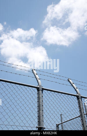 Rete di recinzione a maglie con filo spinato su uno sfondo di cielo blu Foto Stock