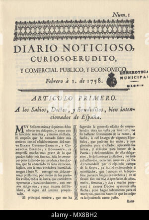 . Français : une du premier numéro du Diario noticioso, curioso, erudito y comercial, político y económico, qui deviendra le Diario de Madrid, du 1er février 1758. Español: Primera pagina del primer numero del Diario noticioso, curioso, erudito y comercial, político y económico que se convertira mas tarde en el Diario de Madrid, del 1ero de febrero del 1758. Inglese: Frontpage del primo numero del Diario noticioso, curioso, erudito y comercial, político y económico che diventerà più tardi il Diario de Madrid (1 febbraio 1758). Il 20 maggio 2014, 19:56:52. Prima pagina di un giornale pri Foto Stock