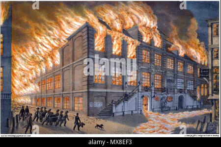 . Deutsch: Eimbecksche Das Haus in Hamburg mit dem ehemaligen Ratskeller während des Großen Brandes in der Nacht vom 6dieci zum 7dieci Mai 1842. Gemalt von Peter Suhr. 1842. Peter Suhr († 1857) 181 Eimbecksches Haus Hamburg Brand Suhr Foto Stock