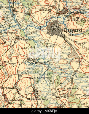 . 1926 mappa della Polonia orientale mostra città di Ejszyszki con i suoi dintorni tra cui frazione di Korkuciany dove famiglie ebraiche sono stati liberati dai poli tra maggio 1942 e luglio 1944 . prima di 1926. Parte di tattiche di mappa di Polonia, Instytut Wojskowo-Geograficzny 182 Ejszyszki-Korkuciany-1926-Polonia Foto Stock