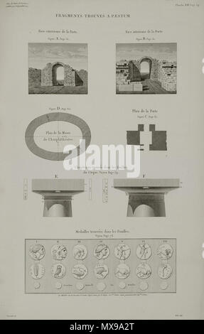 215 frammenti trouvés à Paestum- (1) faccia exterieure de la Porte (2) faccia interieure de la Porte (3) Plan de la masse de l - Delagardette Claude Mathieu - 1798 Foto Stock