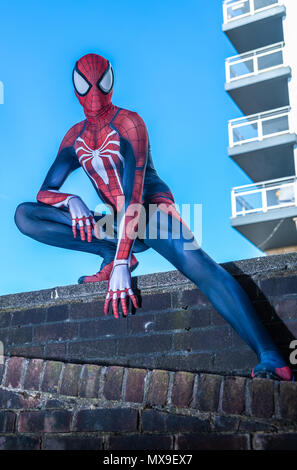 Spiderman cosplayer nella sua tuta di Spiderman. Foto Stock