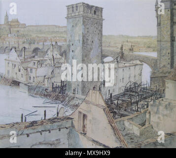 . Čeština: Staroměstské mlýny po požáru v roce 1848 (akvarel, papír, 58,5×50) . 1852. Bedřich Havránek 268 Havranek, Bedrich - Staromestske mlyny po pozaru v roce 1848 (1852) Foto Stock