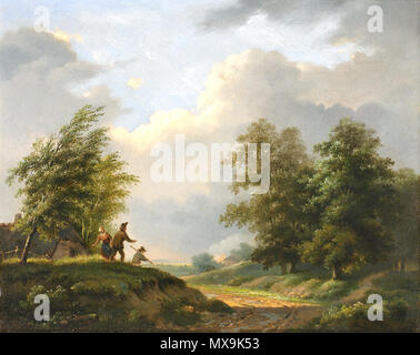 . Deutsch: Von einem Feuer auf offenem Feld aufgeschreckte Bauern in sommerlicher Landschaft. Datiert 185(). Öl auf Holz. 28,5 x 34 cm . tra 1850 e 1859. Henricus Franziscus Wiertz (1784-1858) 273 Henricus Franziscus Wiertz Landschaft mit Feuer Foto Stock