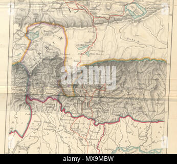 . Inglese: mappa storica del Sikkim in India nordorientale estratto dalla mappa preparata da Trelawney Saunders, 1876, intitolato "Le rotte di Bogle, Turner e Manning tra Bengala e Tibet' e pubblicato nel libro le narrazioni della missione di George Bogle al Tibet e del cammino di Thomas Manning a Lhasa, da R. Clements Markham, C.B., F.R.S. Dipartimento geografica, India Office. Pubblicato da Londra: Trübner e Co., Ludgate Hill. 1876. 1876. Trelawney Saunders 281 mappa storica del Sikkim in India nordorientale Foto Stock