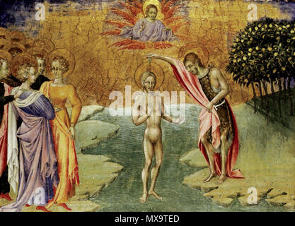 . Inglese: Giovanni di Paolo - Il battesimo di Cristo (Ashmolean Museum di Oxford, A333) c.1454, tempera e doratura su pannello; 25,7 x 35,7 cm una333 formato parte della predella di una pala dipinta c.1460 che era una volta la chiesa Silvestrine a Montepulciano. . Circa 1454 246 Giovanni di Paolo - Il battesimo di Cristo (Ashmolean Museum di Oxford, A333). Foto Stock