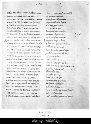 . Inglese: pagina del codex con il testo della Lettera agli Efesini 1:12-19 . Ix secolo. Sconosciuto 136 Codex Augiensis (Ef 1,12-19) Foto Stock