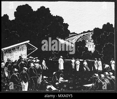 1930 Legno-cut (blocco di legno o lino-cut) inciso a mano la foto di un villaggio di 1930 di cricket a giocare una partita locale Foto Stock