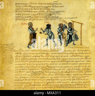 . Inglese: Publio Terenzio Afer (Terence), Andria, atto 1, scena 1. Illustrazione da un manoscritto medievale, Codex Vaticanus Latinus 3868 (Lindsay-Kauer il codex C), folium 4 verso, forse creato in Lotharingia (intorno a Aachen) intorno all'ANNUNCIO 825. Deutsch: Publio Terenzio Afer (Terenz), Andria, Akt 1, Szene 1. Illustrazione aus einer mittelalterlichen Handschrift, Codex Vaticanus Latinus 3868 (Lindsay-Kauers codex C), folium 4 verso, möglicherweise geschaffen in Lotharingia (in der Gegend von Aachen) um das Jahr herum 825. Il 17 giugno 2011. sconosciuto scriba carolingia, nono secolo D.C. 591 Terence Andri Foto Stock