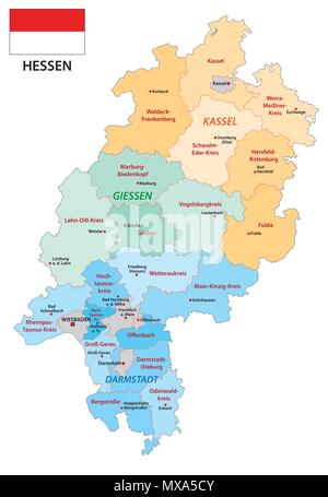 Hesse politica e amministrativa di mappa vettoriale con bandiera in lingua tedesca Illustrazione Vettoriale