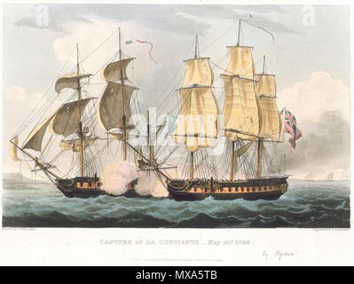 . Inglese: un incisione di Thomas Sutherland di un dipinto di Thomas Whitcombe dell'impegno tra il dispositivo HMS Hydra e FREGATA FRANCESE Confiante il 30 maggio 1798. 1816. Thomas Sutherland &Thomas Whitcombe 290 Hydra &AMP; Confiante Foto Stock